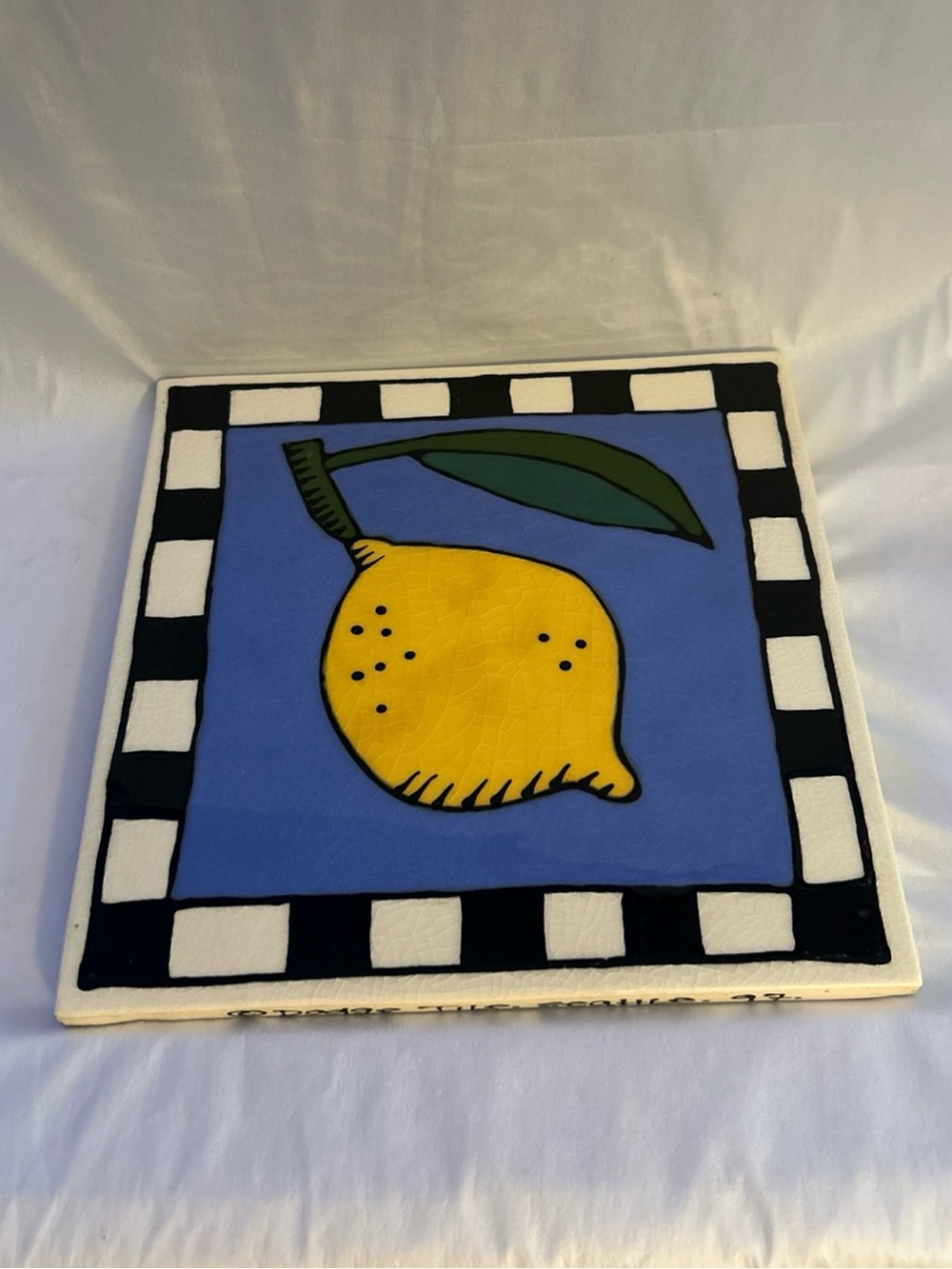 Dodge Tile 1997 Large Ceramic Trivet Lemon Black White Checkered Border 8.5X8.5”